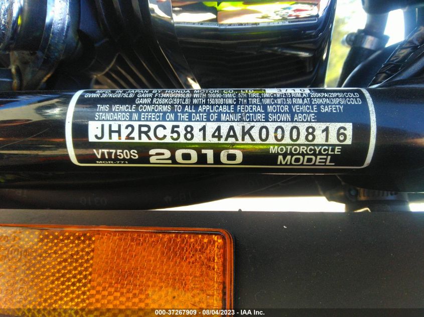 2010 HONDA VT750 S JH2RC5814AK000816