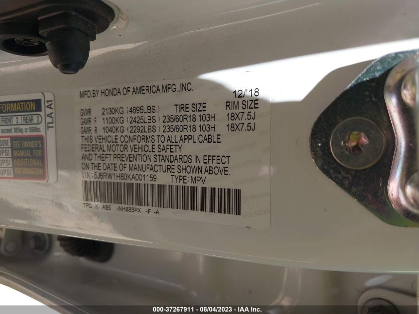 2019 HONDA CR-V EX-L - 5J6RW1H80KA001159