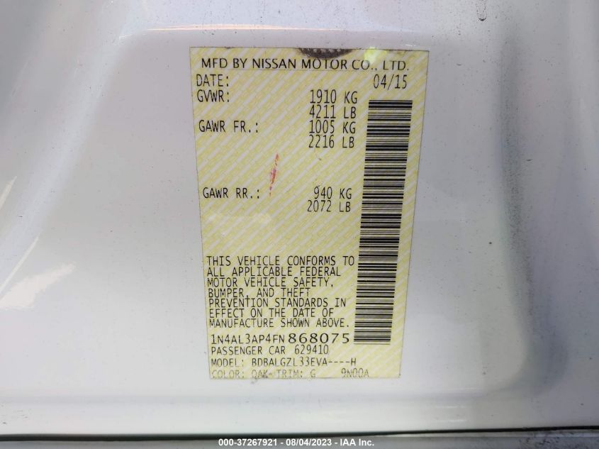 2015 NISSAN ALTIMA 2.5 S - 1N4AL3AP4FN868075