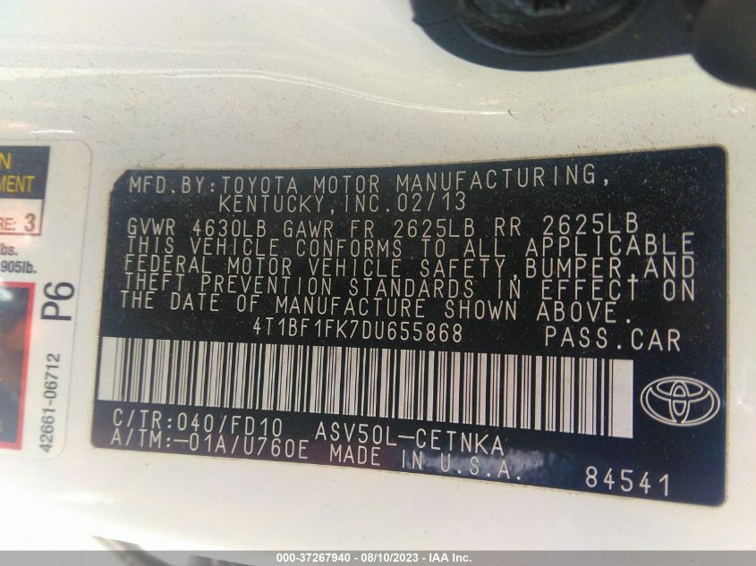 2013 TOYOTA CAMRY L/LE/SE/XLE - 4T1BF1FK7DU655868