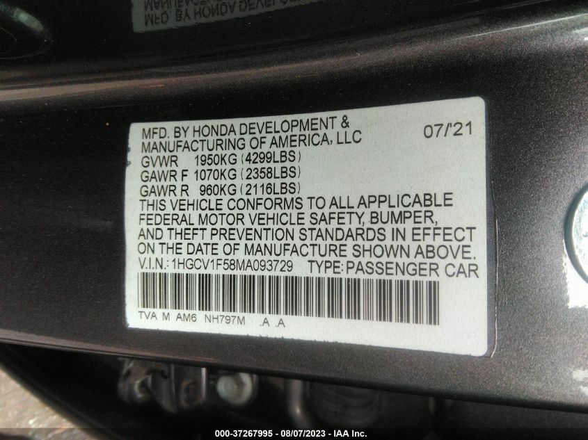 2021 HONDA ACCORD SEDAN EX-L - 1HGCV1F58MA093729