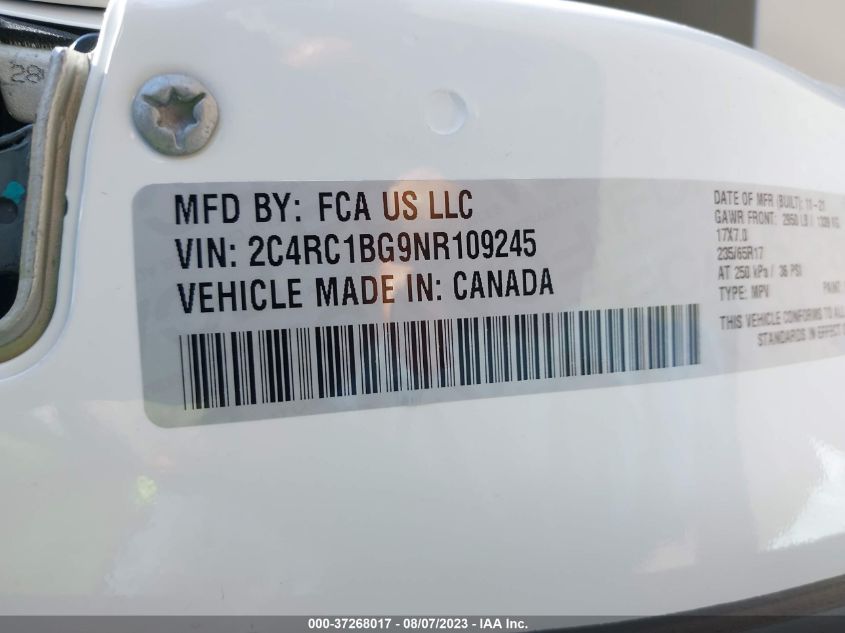 2022 CHRYSLER PACIFICA TOURING L - 2C4RC1BG9NR109245