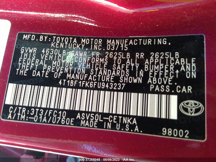 2015 TOYOTA CAMRY XLE/SE/LE/XSE - 4T1BF1FK6FU943237