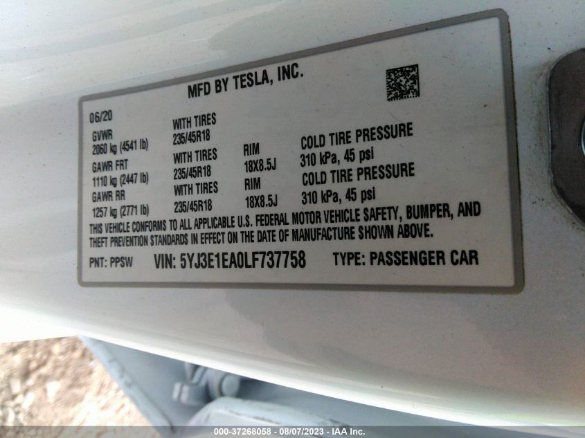 2020 TESLA MODEL 3 STANDARD RANGE - 5YJ3E1EA0LF737758