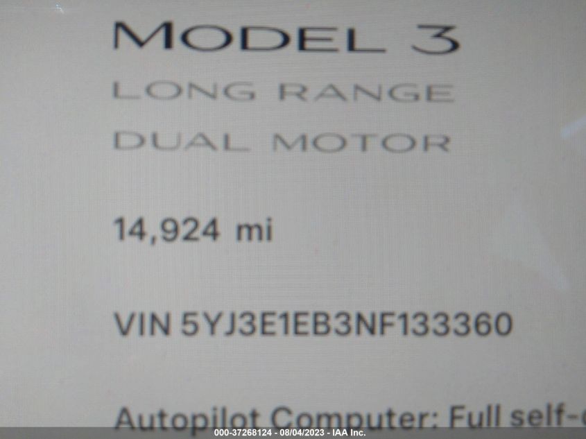 5YJ3E1EB3NF133360 Tesla Model 3 LONG RANGE 14