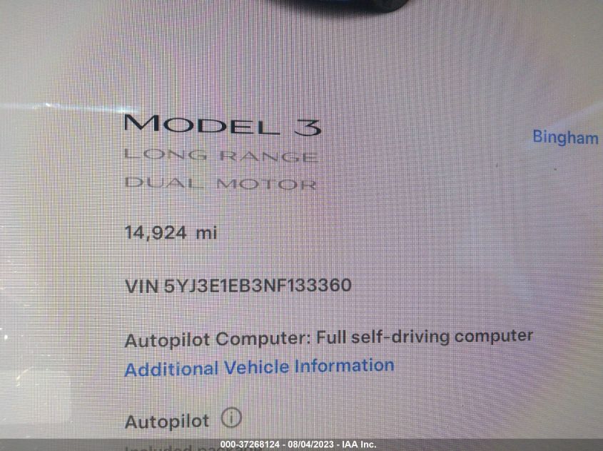 VIN 5YJ3E1EB3NF133360 2022 TESLA MODEL 3 LONG RANGE