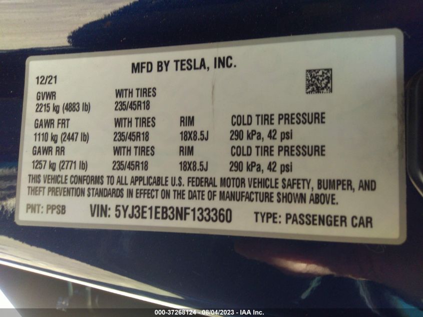 VIN 5YJ3E1EB3NF133360 2022 TESLA MODEL 3 LONG RANGE