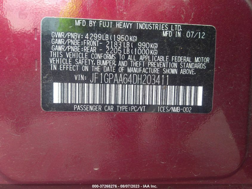 2013 SUBARU IMPREZA WAGON 2.0I - JF1GPAA64DH203411