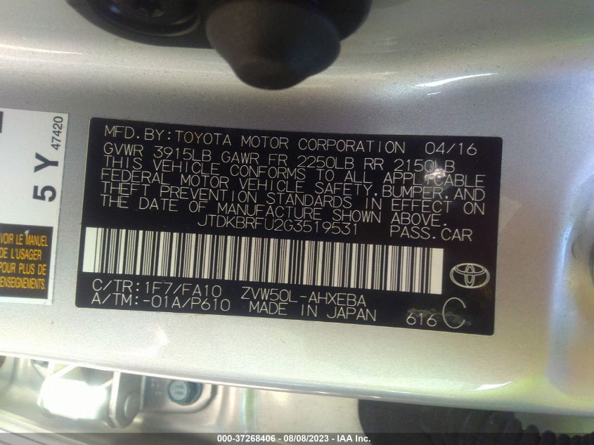 2016 TOYOTA PRIUS TWO - JTDKBRFU2G3519531