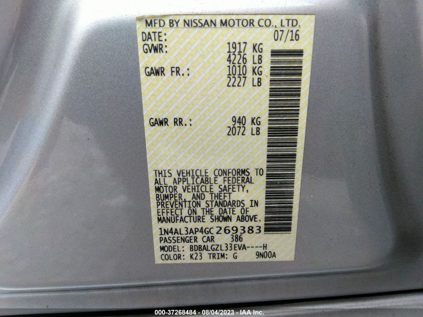 2016 NISSAN ALTIMA 2.5 S - 1N4AL3AP4GC269383