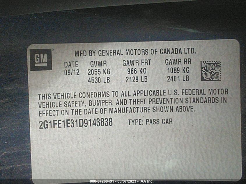 2013 CHEVROLET CAMARO LS - 2G1FE1E31D9143838