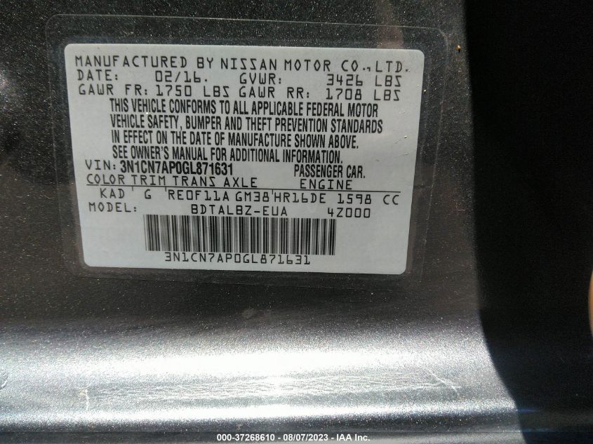 2016 NISSAN VERSA S/S PLUS/SL/SV - 3N1CN7AP0GL871631