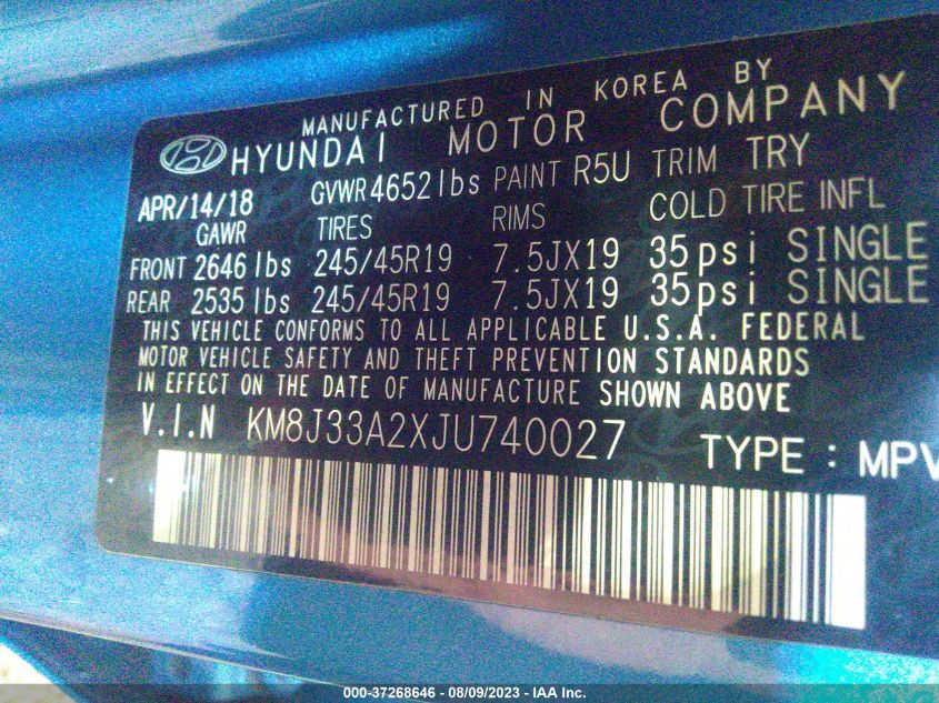 2018 HYUNDAI TUCSON LIMITED - KM8J33A2XJU740027