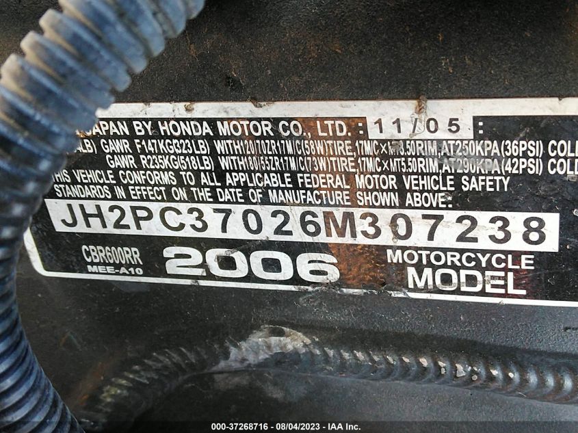2006 HONDA CBR600 RR - JH2PC37026M307238