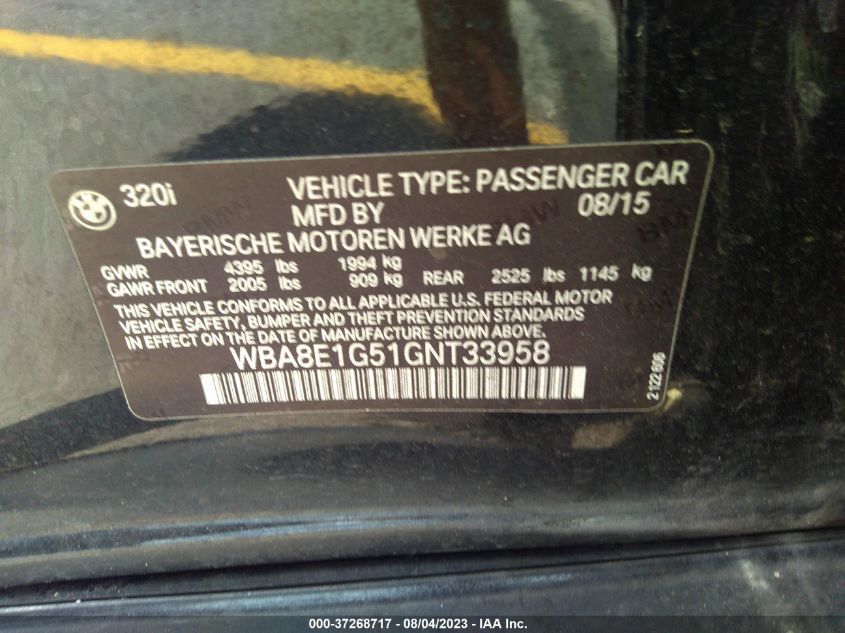 2016 BMW 3 SERIES 320I - WBA8E1G51GNT33958