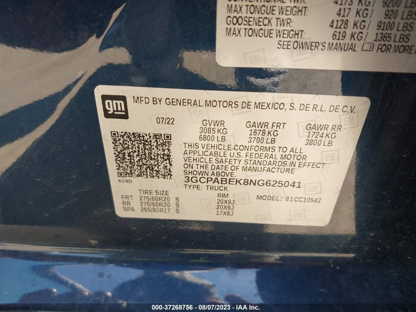 2022 CHEVROLET SILVERADO 1500 CUSTOM - 3GCPABEK8NG625041