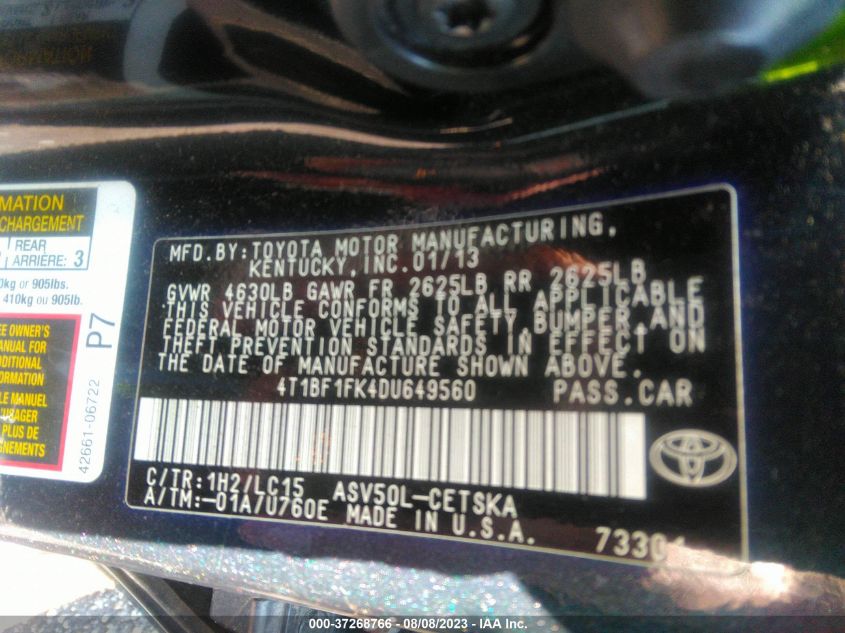 2013 TOYOTA CAMRY L/LE/SE/XLE - 4T1BF1FK4DU649560