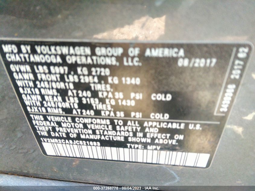 2018 VOLKSWAGEN ATLAS 3.6L V6 SEL - 1V2MR2CA8JC521683
