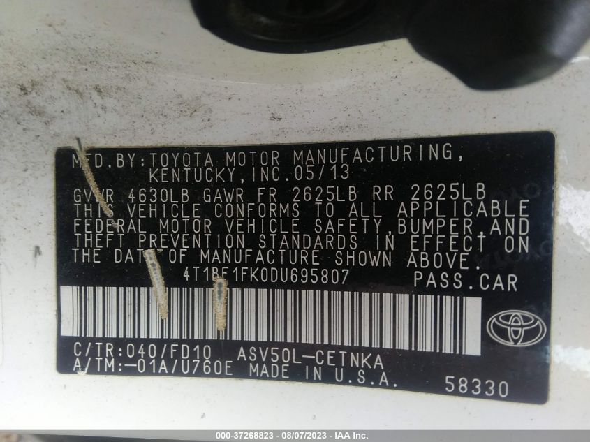 2013 TOYOTA CAMRY L/LE/SE/XLE - 4T1BF1FK0DU695807