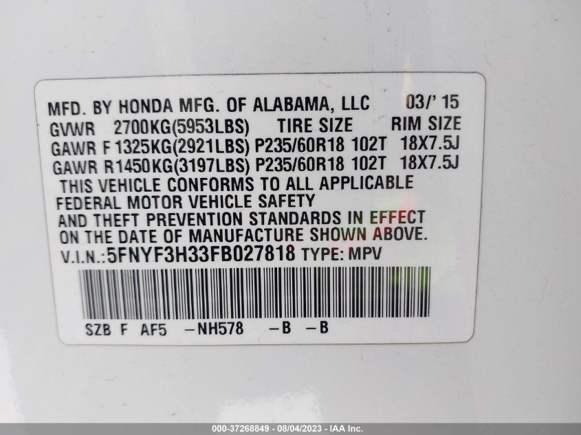 2015 HONDA PILOT SE - 5FNYF3H33FB027818