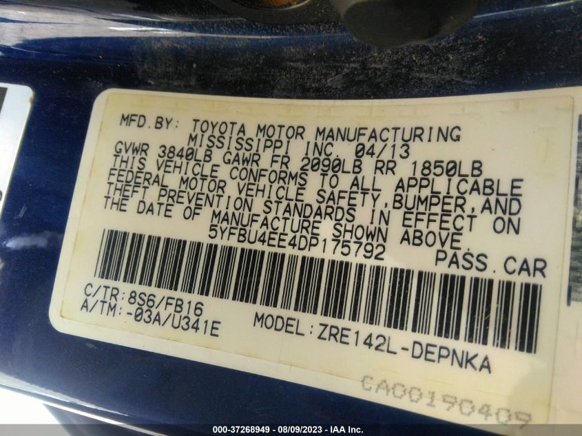 2013 TOYOTA COROLLA L/LE/S - 5YFBU4EE4DP175792