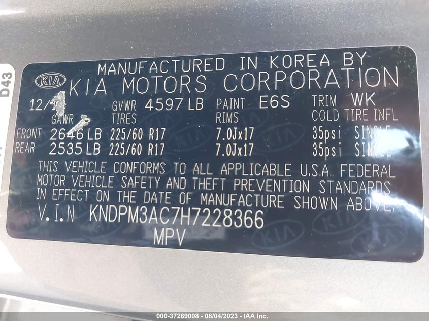 VIN KNDPM3AC7H7228366 2017 KIA SPORTAGE LX