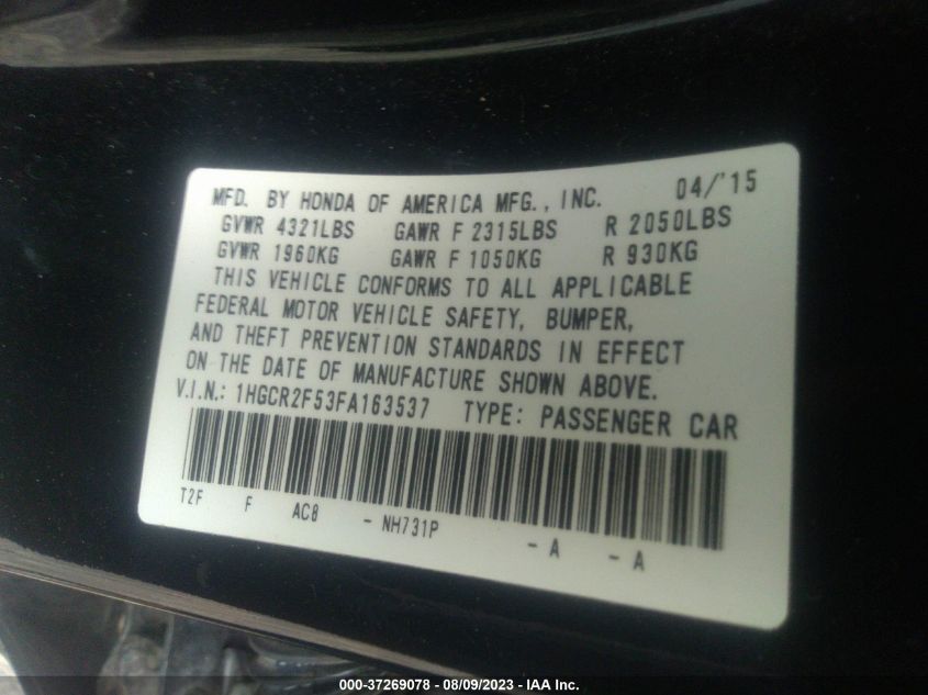 2015 HONDA ACCORD SPORT - 1HGCR2F53FA163537
