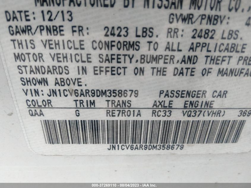 2013 INFINITI G37 SEDAN X JN1CV6AR9DM358679