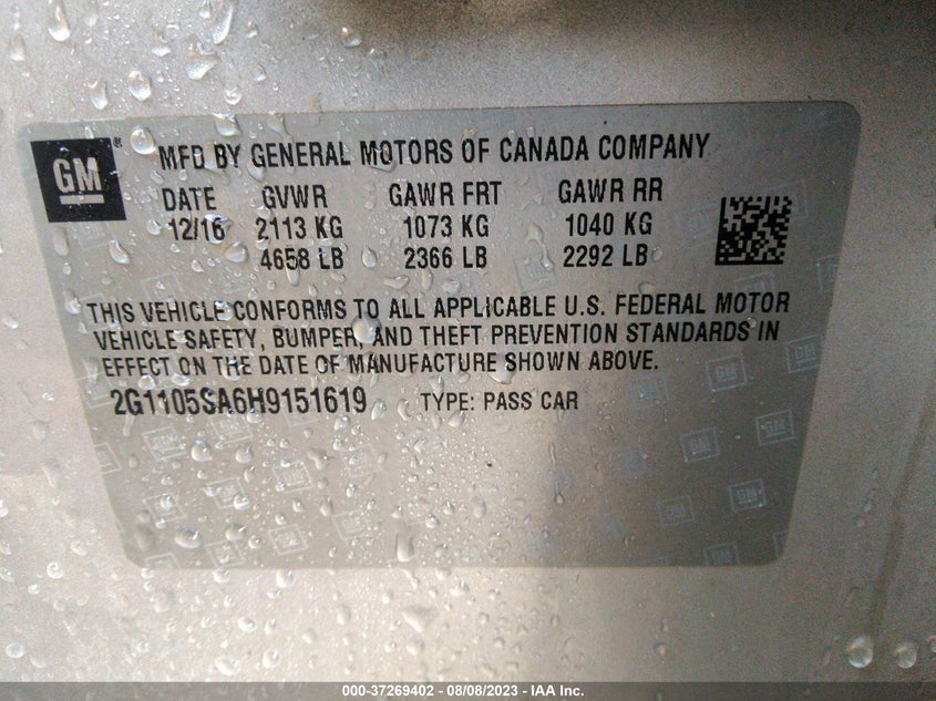 VIN 2G1105SA6H9151619 2017 CHEVROLET IMPALA LT