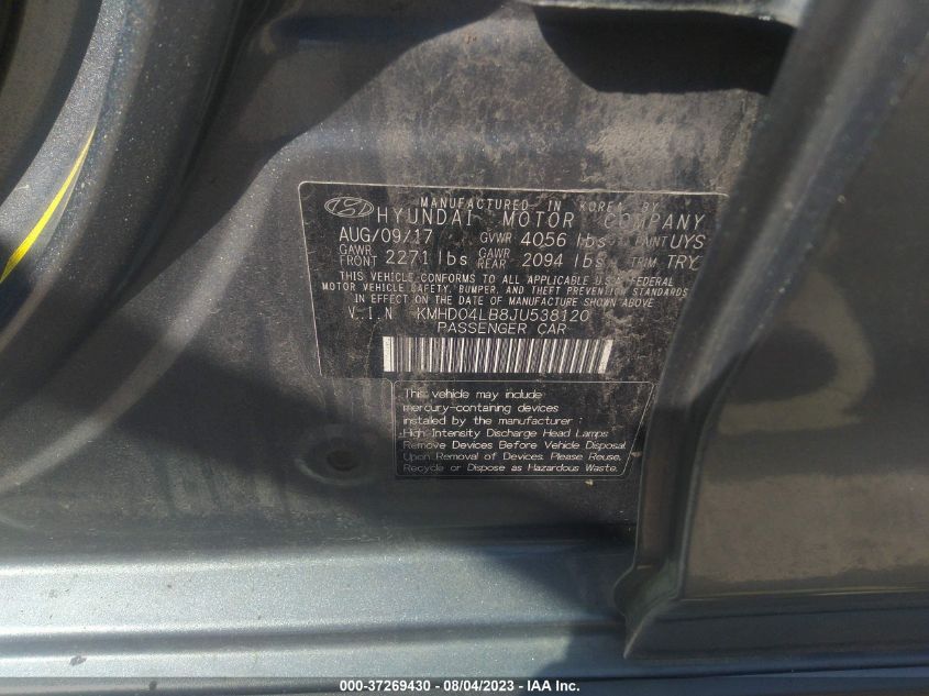 2018 HYUNDAI ELANTRA SPORT - KMHD04LB8JU538120