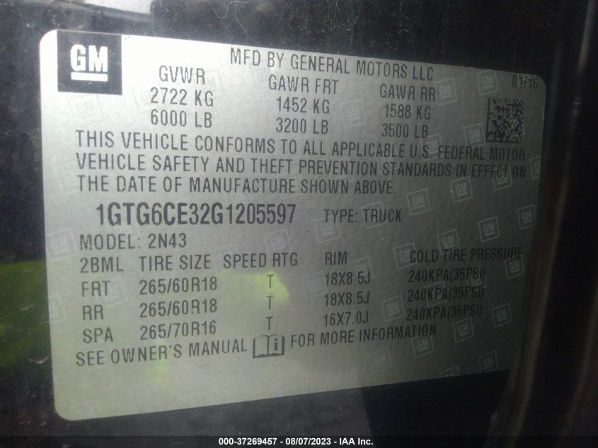2016 GMC CANYON 4WD SLE - 1GTG6CE32G1205597
