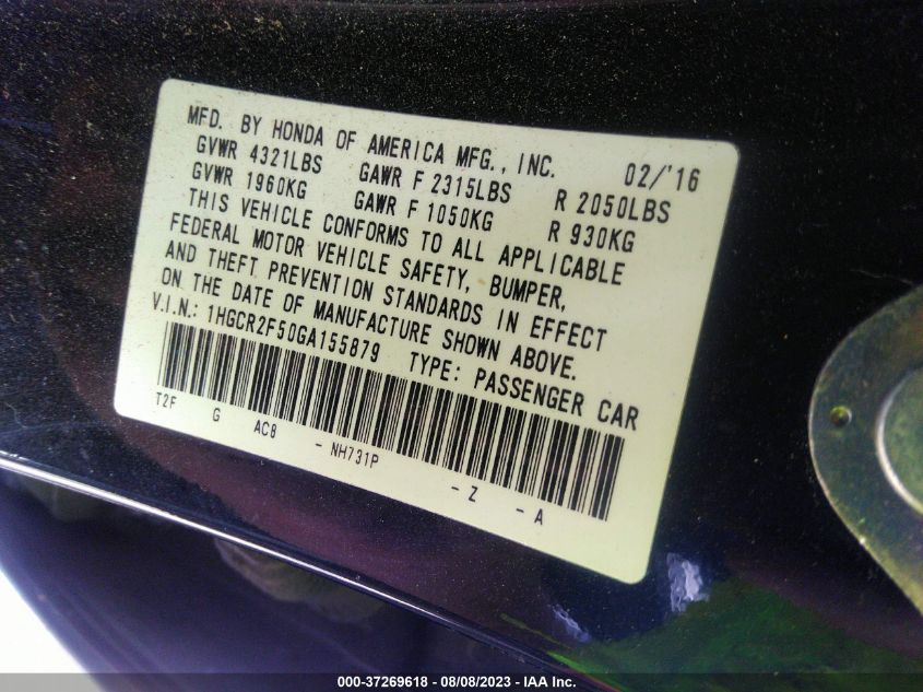 2016 HONDA ACCORD SEDAN SPORT - 1HGCR2F50GA155879