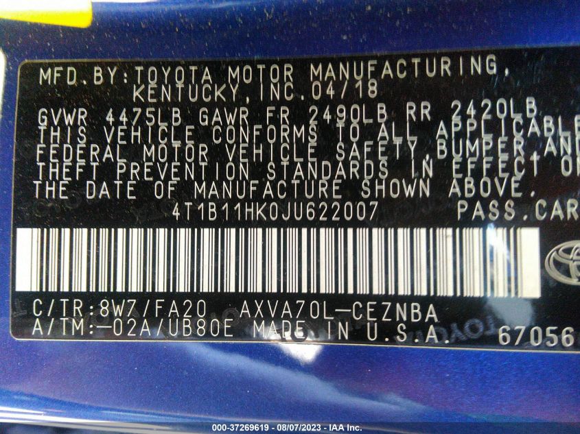 2018 TOYOTA CAMRY LE/SE/XLE/L - 4T1B11HK0JU622007