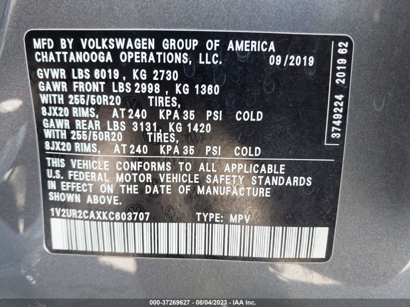 2019 VOLKSWAGEN ATLAS 3.6L V6 SE W/TECHNOLOGY - 1V2UR2CAXKC603707