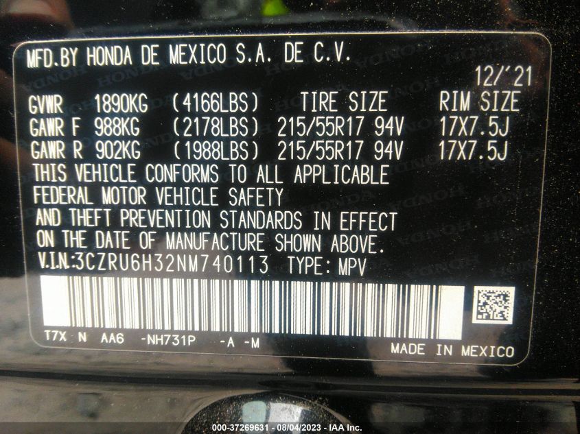 3CZRU6H32NM740113 Honda HR-V LX 9