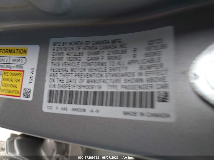 VIN 2HGFE1F75PH309119 2023 HONDA CIVIC SEDAN EX