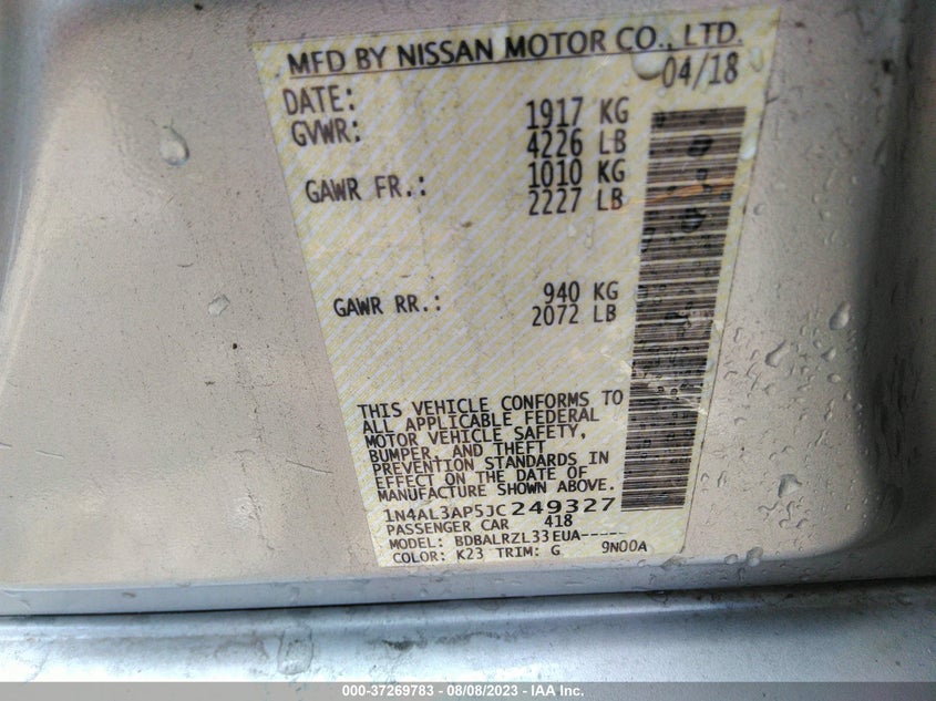 VIN 1N4AL3AP5JC249327 2018 NISSAN ALTIMA 2.5 SL