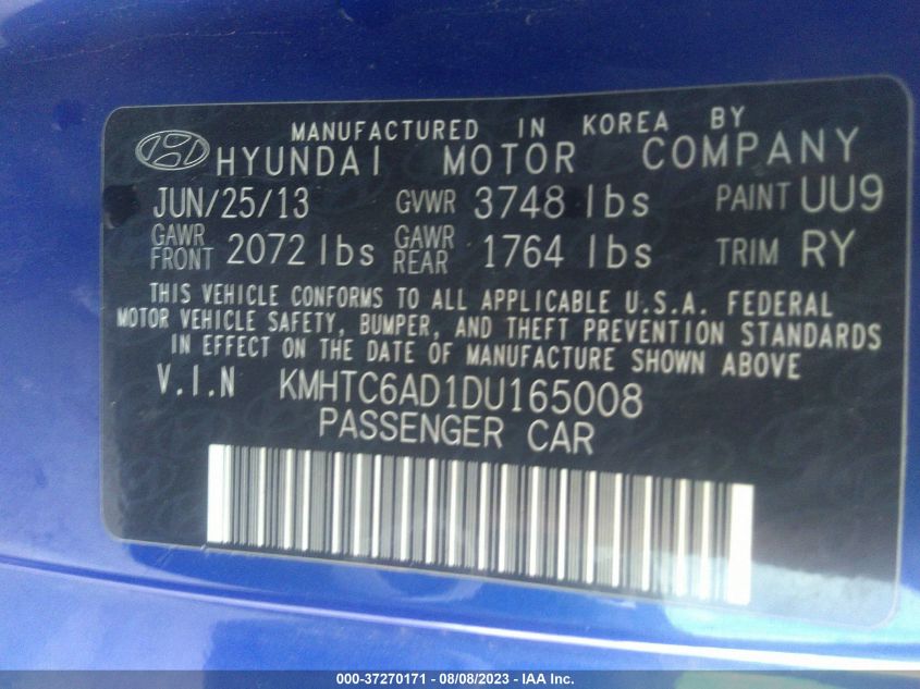 2013 HYUNDAI VELOSTER W/BLACK INT - KMHTC6AD1DU165008