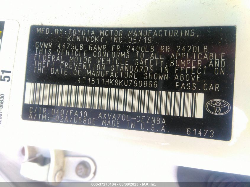 2019 TOYOTA CAMRY LE/SE/XLE/L - 4T1B11HK8KU790866