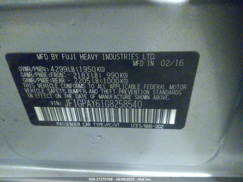 2016 SUBARU IMPREZA WAGON 2.0I SPORT LIMITED - JF1GPAY61G8258540