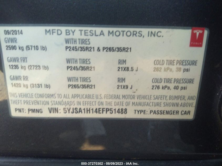 2014 TESLA MODEL S 60 KWH BATTERY/P85 - 5YJSA1H14EFP51488