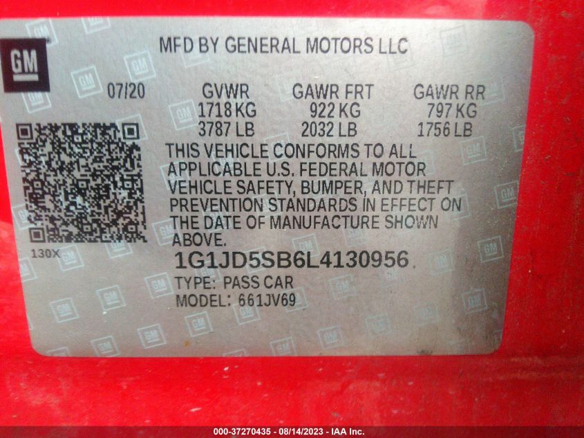 2020 CHEVROLET SONIC LT - 1G1JD5SB6L4130956