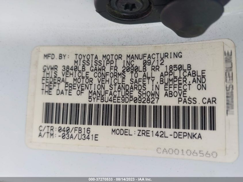 2013 TOYOTA COROLLA L/LE/S - 5YFBU4EE9DP092827