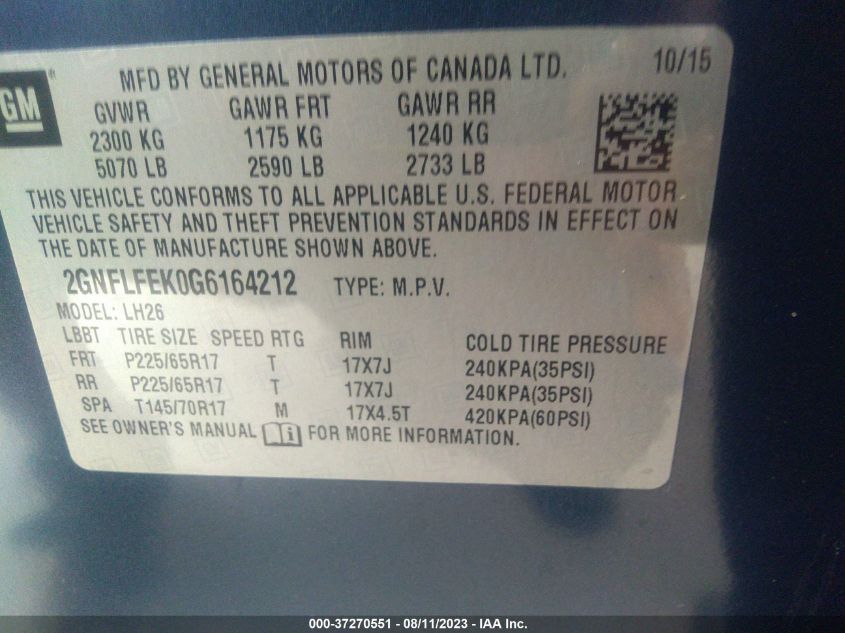 2016 CHEVROLET EQUINOX LT - 2GNFLFEK0G6164212