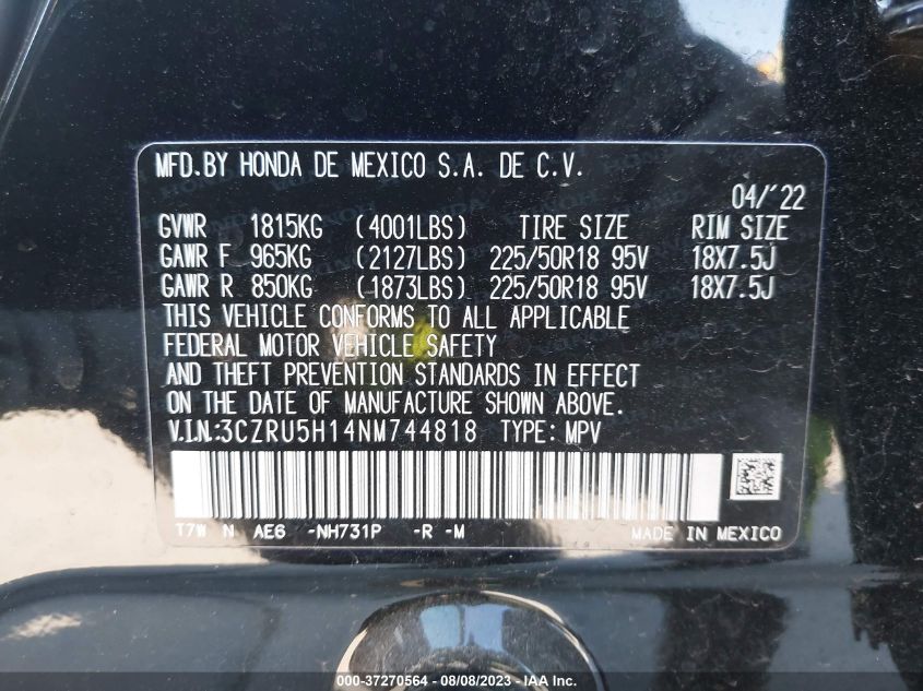 2022 HONDA HR-V SPORT - 3CZRU5H14NM744818