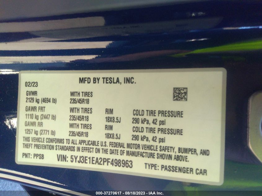 2023 TESLA MODEL 3 - 5YJ3E1EA2PF498963