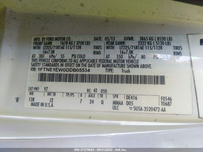 2013 FORD ECONOLINE CARGO VAN COMMERCIAL/RECREATIONAL 1FTNE1EW0DDB05534