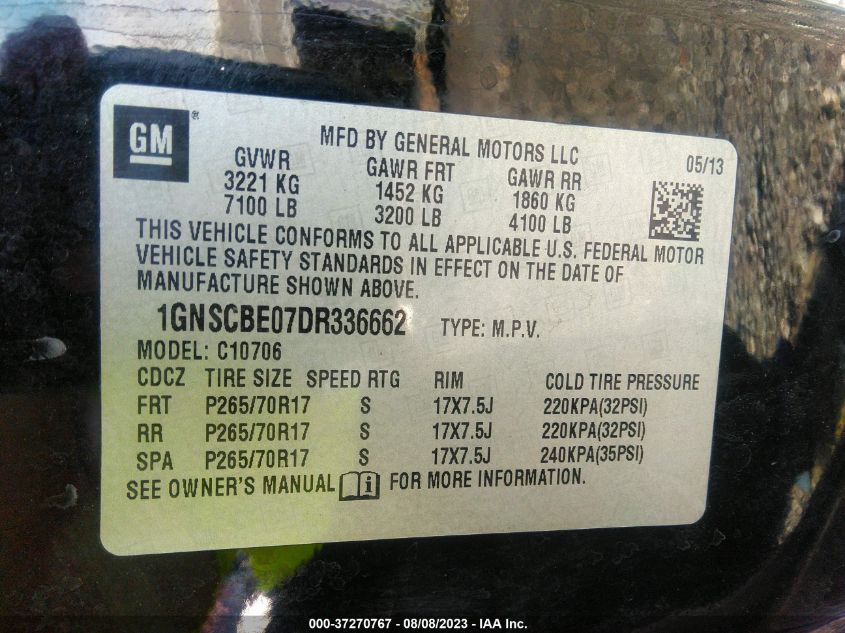 2013 CHEVROLET TAHOE LT - 1GNSCBE07DR336662