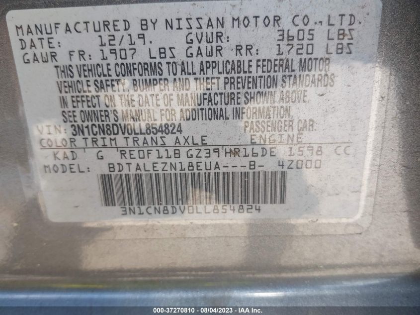 3N1CN8DV0LL854824 Nissan Versa S 9