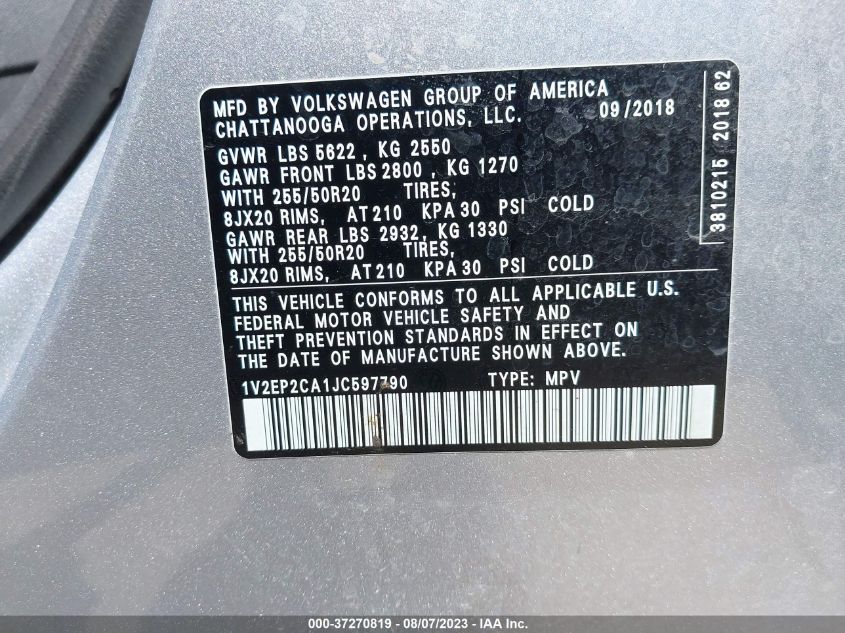 2018 VOLKSWAGEN ATLAS 2.0T SEL - 1V2EP2CA1JC597790